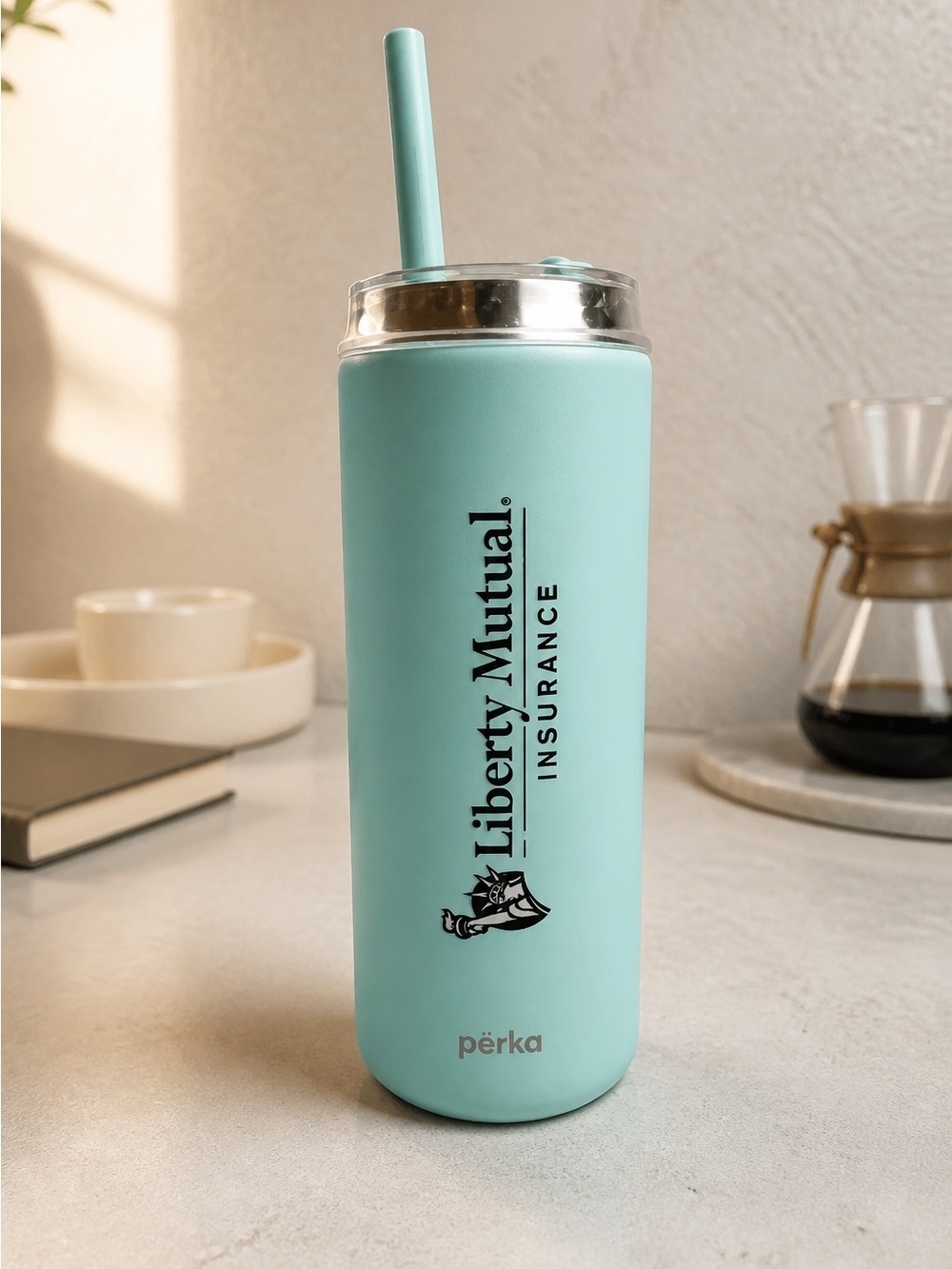 NWOT Perka Teal Green Vacuum Insulated Tumbler Advertised Liberty Mutual Ins